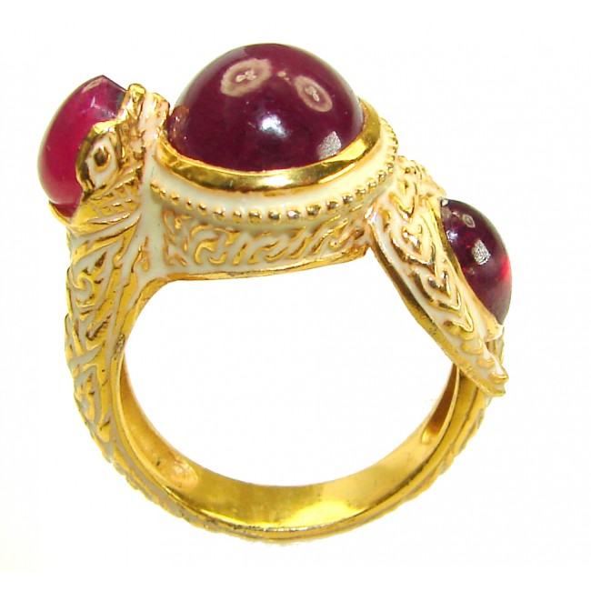 Solid Natural 9.5 carat Ruby Enamel 18K Gold over .925 Sterling Silver handmade Statement Ring size 8