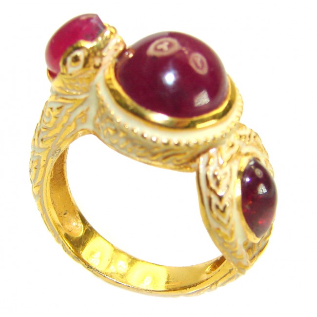 Solid Natural 9.5 carat Ruby Enamel 18K Gold over .925 Sterling Silver handmade Statement Ring size 8