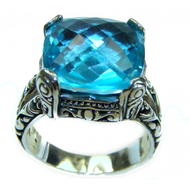 Bali Sky 10.5 carat Fancy Swiss Blue Topaz .925 Sterling Silver handmade Ring size 7 1/4