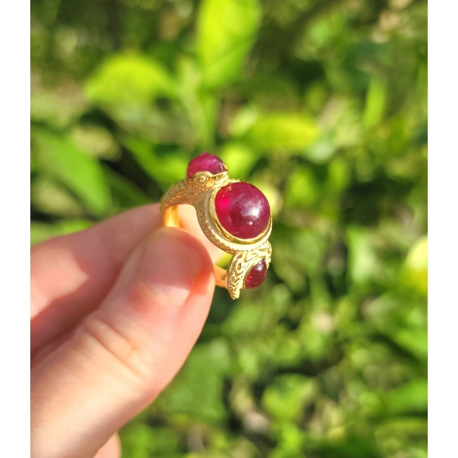 Solid Natural 9.5 carat Ruby Enamel 18K Gold over .925 Sterling Silver handmade Statement Ring size 8