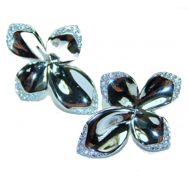 Lotus flower White Topaz highly polished Rhodium over .925 Sterling Silver Italy made Earrings