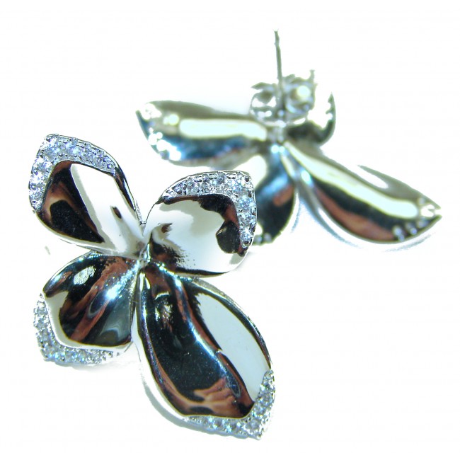 Lotus flower White Topaz highly polished Rhodium over .925 Sterling Silver Italy made Earrings