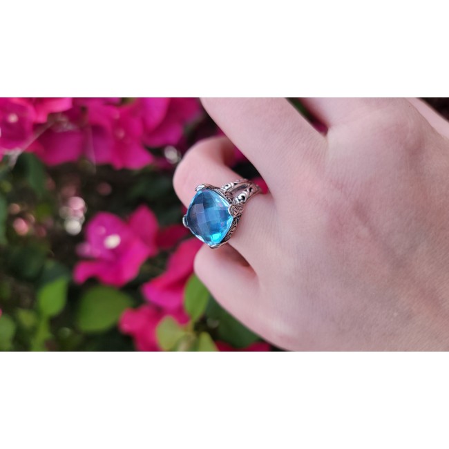 Bali Sky 10.5 carat Fancy Swiss Blue Topaz .925 Sterling Silver handmade Ring size 7 1/4