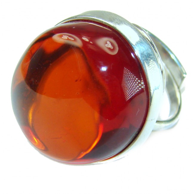 Huge Beauty of the Nature Cognac Baltic Amber .925 Sterling Silver handcrafted ring; s. 7 adjustable