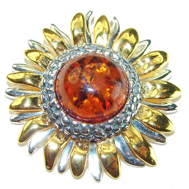 Golden Flower Natural Baltic Amber 14K Gold over .925 Sterling Silver handmade Pendant - photo 3