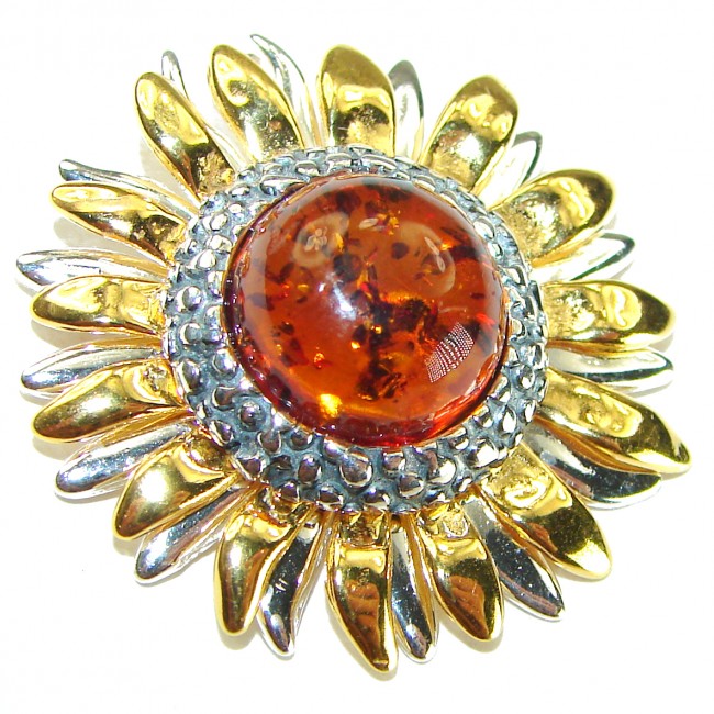Golden Flower Natural Baltic Amber 14K Gold over .925 Sterling Silver handmade Pendant - photo 2