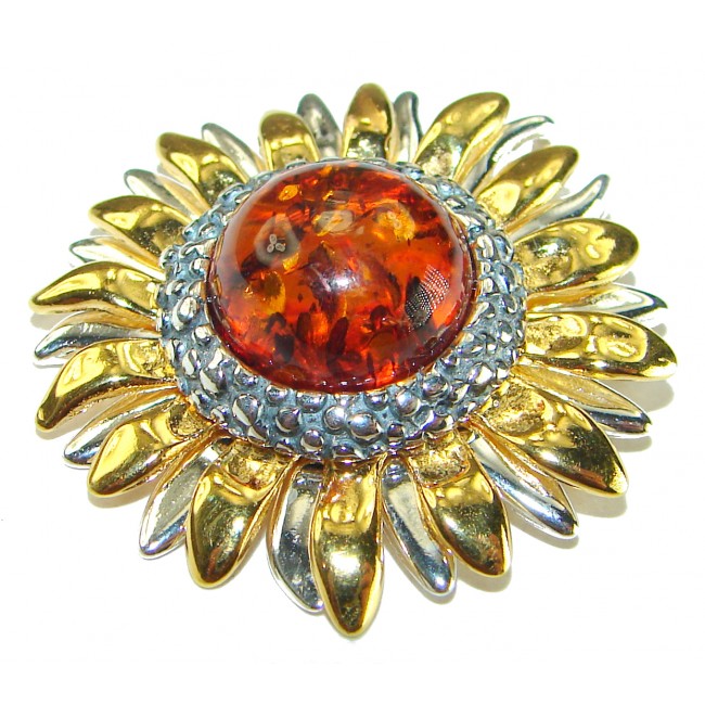 Golden Flower Natural Baltic Amber 14K Gold over .925 Sterling Silver handmade Pendant - photo 1