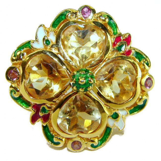 Four Golden Hearts - Luxurious Natural 18.2 carat Citrine enamel 14K Gold over .925 Sterling Silver handmade ring size 7