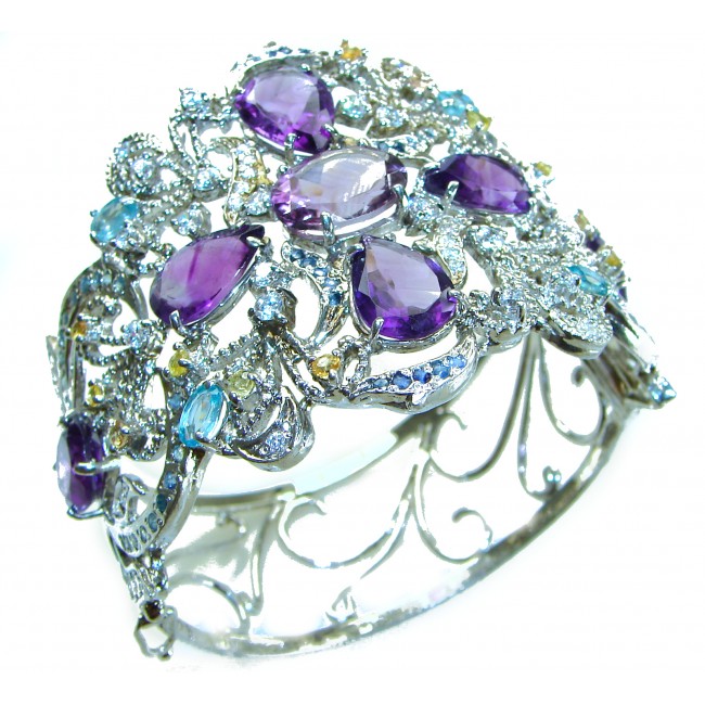 Huge Spectacular authentic 56.5 carat Amethyst Emerald .925 Sterling Silver handmade bangle Bracelet