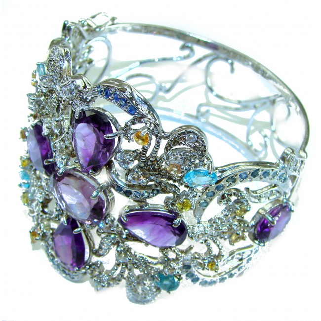 Huge Spectacular authentic 56.5 carat Amethyst Emerald .925 Sterling Silver handmade bangle Bracelet
