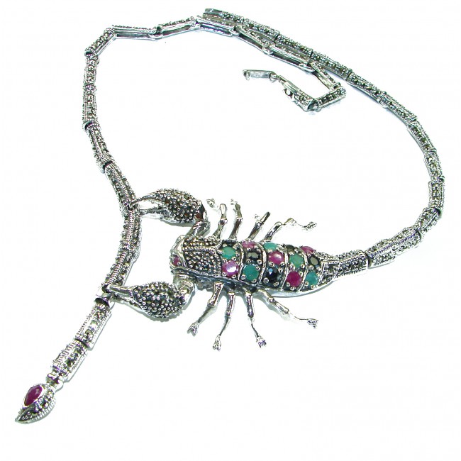 Large SCORPIO Genuine Ruby Emerald Marcasite .925 Sterling Silver handmade handcrafted Necklace
