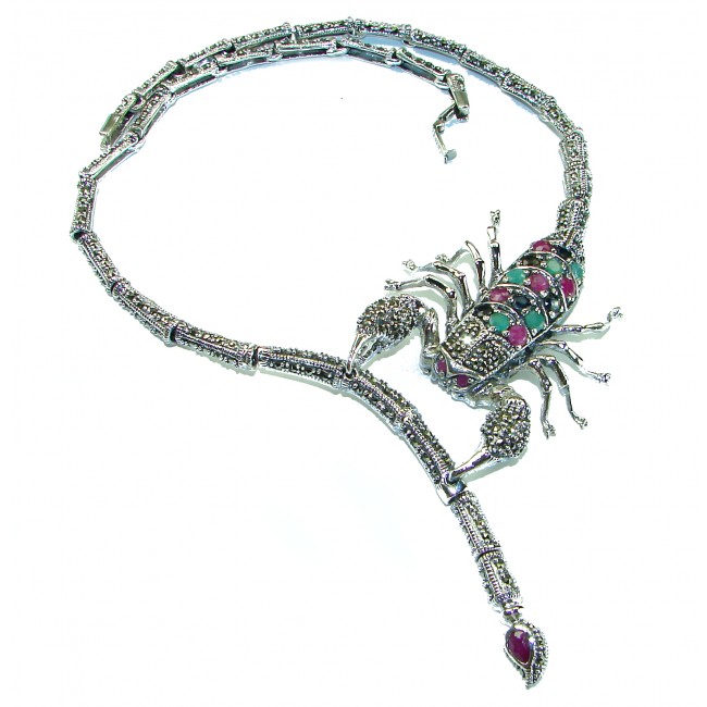 Large SCORPIO Genuine Ruby Emerald Marcasite .925 Sterling Silver handmade handcrafted Necklace