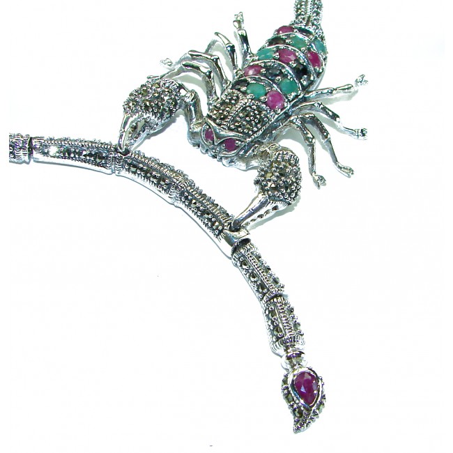 Large SCORPIO Genuine Ruby Emerald Marcasite .925 Sterling Silver handmade handcrafted Necklace
