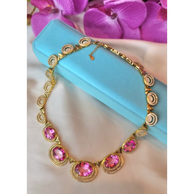 Genevieve - 185.2 carat Pink Sapphire 18K Gold over .925 Sterling Silver handcrafted Statement necklace