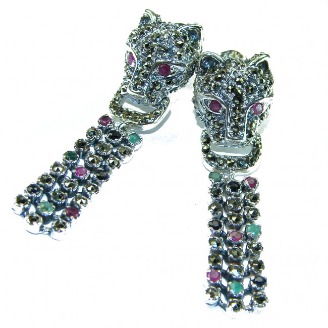 Panthère Ruby Emerald Sapphire Marcasite .925 Sterling Silver earrings
