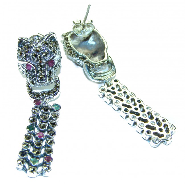 Panthère Ruby Emerald Sapphire Marcasite .925 Sterling Silver earrings