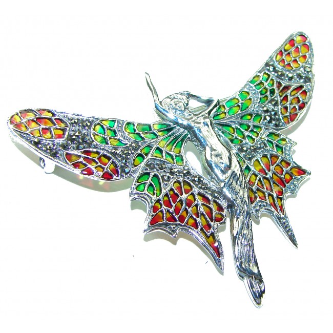 Natural Enamel Eagle .925 Sterling Silver Brooch Pendant