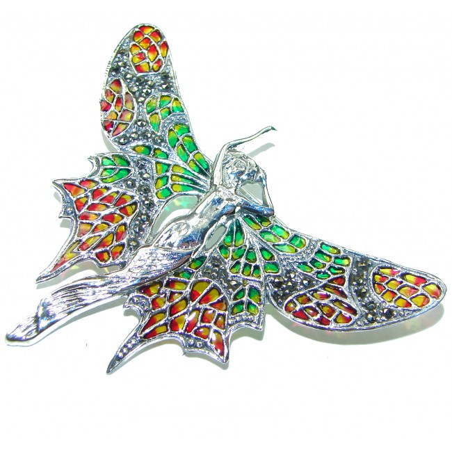 Natural Enamel Eagle .925 Sterling Silver Brooch Pendant