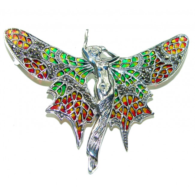 Natural Enamel Eagle .925 Sterling Silver Brooch Pendant