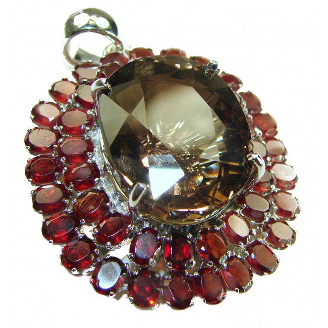 Authentic 45.5 carat carved Smoky Topaz Garnet .925 Sterling Silver handmade Statement Pendant - photo 4