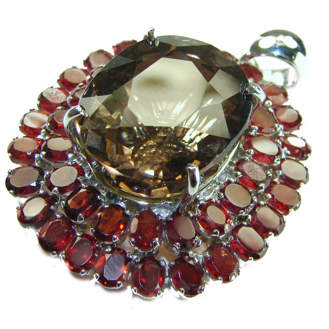 Authentic 45.5 carat carved Smoky Topaz Garnet .925 Sterling Silver handmade Statement Pendant - photo 3