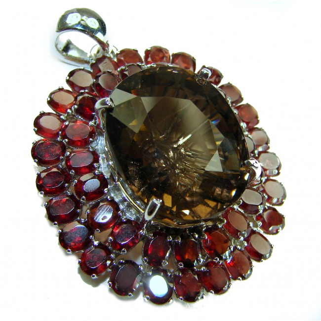 Authentic 45.5 carat carved Smoky Topaz Garnet .925 Sterling Silver handmade Statement Pendant - photo 2