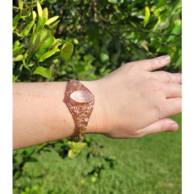 Vintage Beauty Genuine 21.5 carat Brazilian Rose Quartz Rose quartz 18K Gold over .925 Sterling Silver handcrafted Bracelet / Cuff