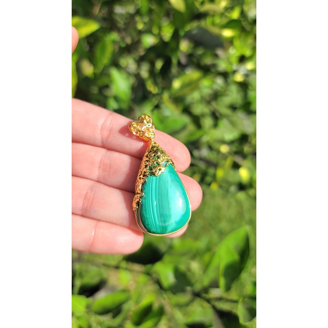 Dolce Vita HUGE authentic Large Malachite 14K Gold over .925 Sterling Silver handcrafted pendant