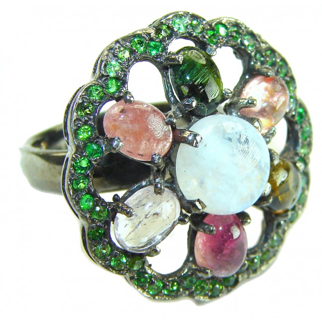 5.8 carat Rainbow Moonstone black rhodium over .925 Sterling Silver handmade Statement Ring size 8 1/2