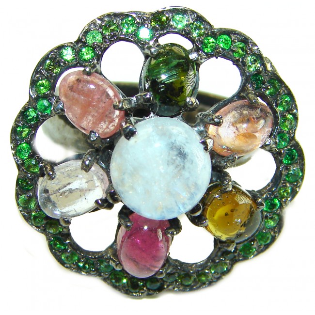 5.8 carat Rainbow Moonstone black rhodium over .925 Sterling Silver handmade Statement Ring size 8 1/2