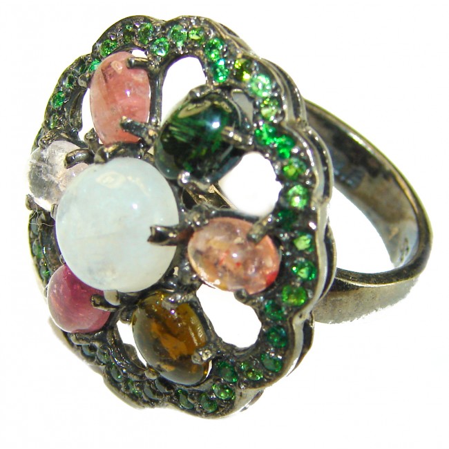 5.8 carat Rainbow Moonstone black rhodium over .925 Sterling Silver handmade Statement Ring size 8 1/2