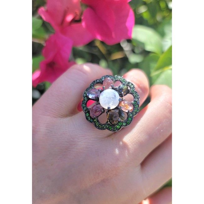 5.8 carat Rainbow Moonstone black rhodium over .925 Sterling Silver handmade Statement Ring size 8 1/2