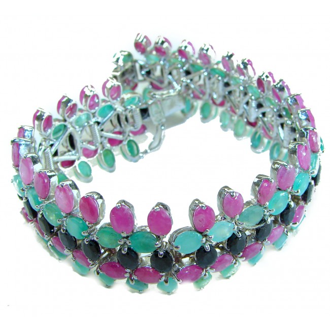 Carmen - Precious Natural 148.5 carat Ruby Emerald Sapphire .925 Sterling Silver handcrafted bracelet - photo 3