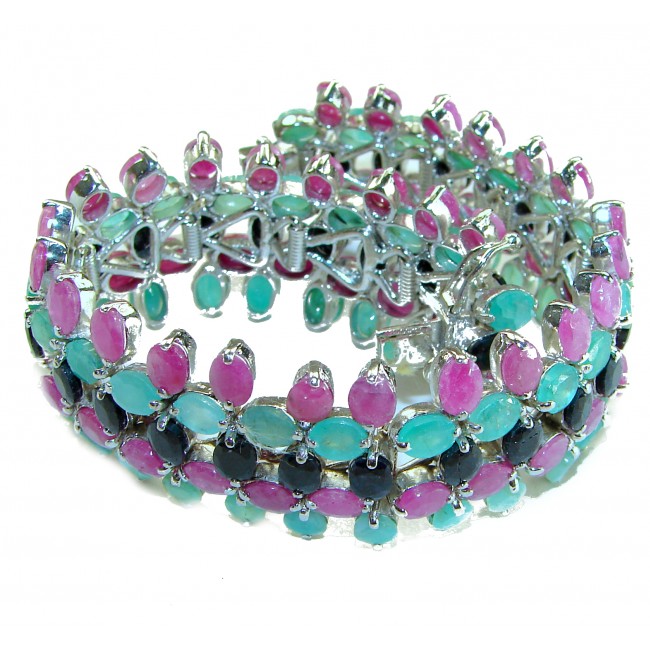 Carmen - Precious Natural 148.5 carat Ruby Emerald Sapphire .925 Sterling Silver handcrafted bracelet - photo 2