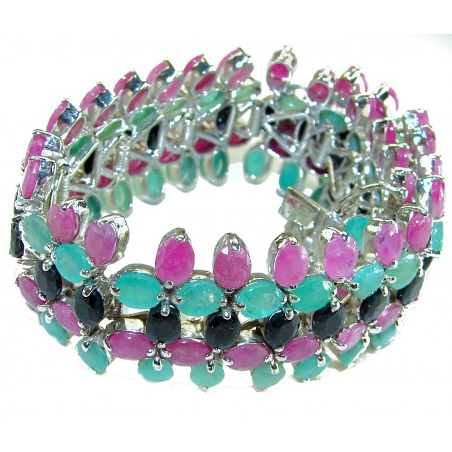 Carmen - Precious Natural 148.5 carat Ruby Emerald Sapphire .925 Sterling Silver handcrafted bracelet - photo 1