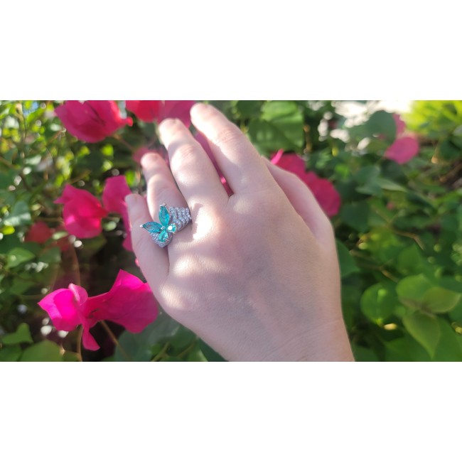 Luxurious Butterfly 10.5 ctw Paraiba Tourmaline .925 Sterling Silver handcrafted Statement Ring size 7