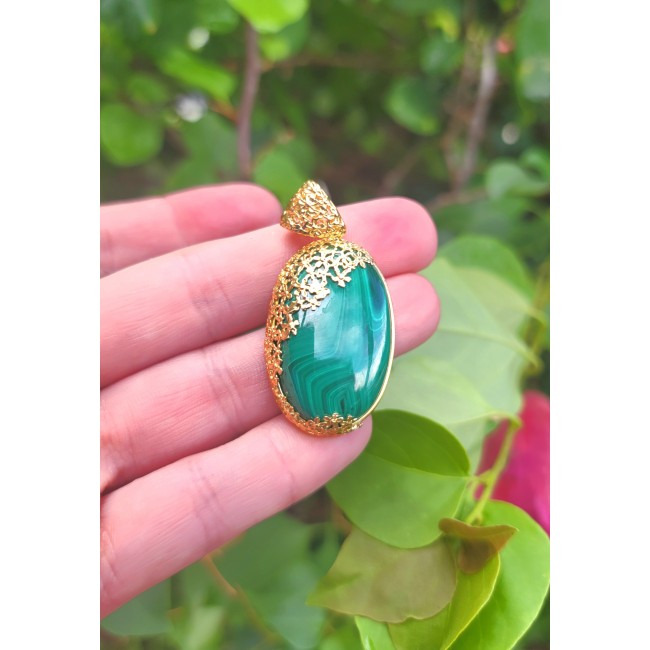 Dolce Vita authentic Large Malachite 14K Gold over .925 Sterling Silver handcrafted pendant
