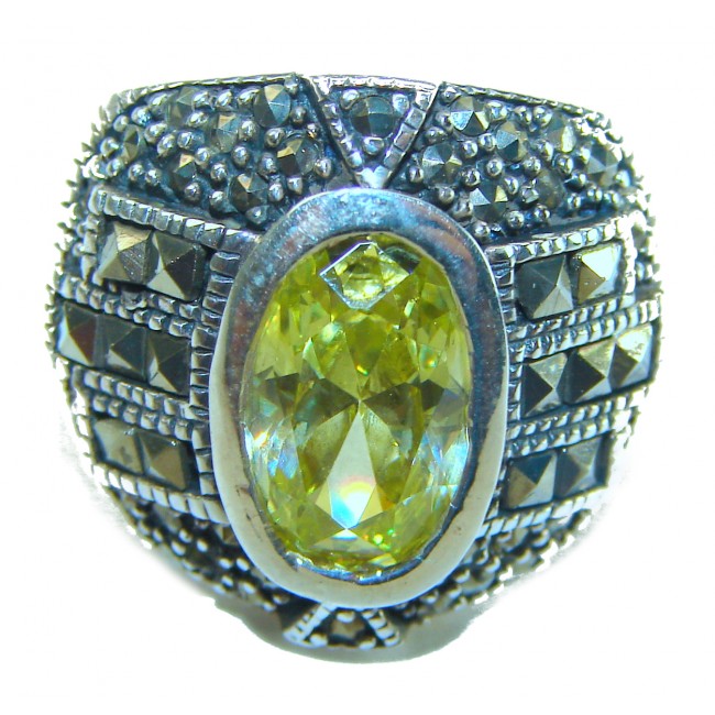 Authentic 5.8 carat Green Neon Topaz Marcasite .925 Sterling Silver handmade Ring s. 6 - photo 2
