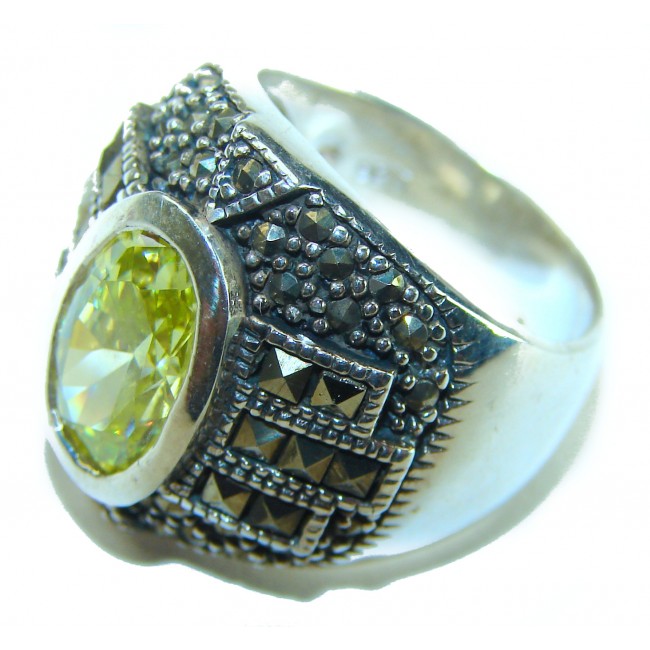 Authentic 5.8 carat Green Neon Topaz Marcasite .925 Sterling Silver handmade Ring s. 6 - photo 1