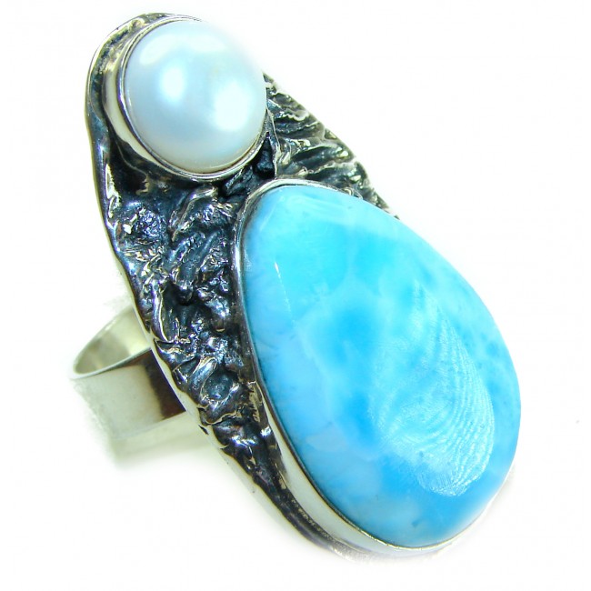 Venus- Caribbean Beauty Genuine Larimar Pearl .925 Sterling Silver handmade LARGE ring size 7 adjustable - photo 3