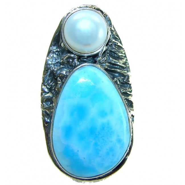Venus- Caribbean Beauty Genuine Larimar Pearl .925 Sterling Silver handmade LARGE ring size 7 adjustable - photo 2