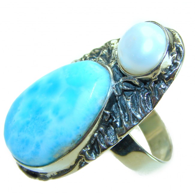 Venus- Caribbean Beauty Genuine Larimar Pearl .925 Sterling Silver handmade LARGE ring size 7 adjustable - photo 1