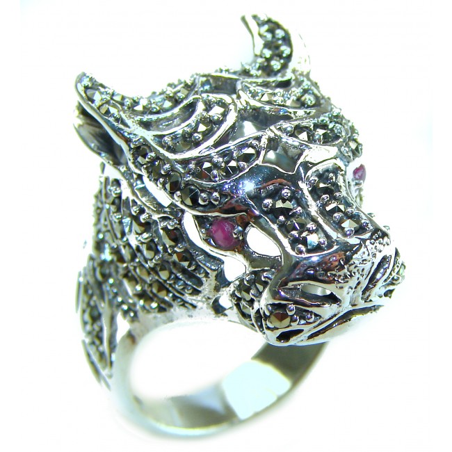 Panthère's Head Marcasite Ruby .925 Sterling Silver handcrafted Statement Ring size 10