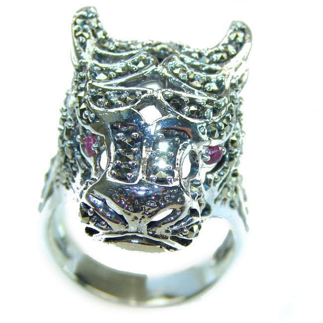 Panthère's Head Marcasite Ruby .925 Sterling Silver handcrafted Statement Ring size 10