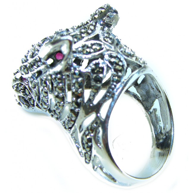 Panthère's Head Marcasite Ruby .925 Sterling Silver handcrafted Statement Ring size 10