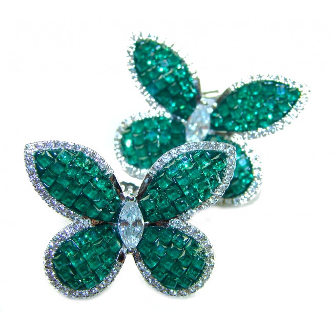 Incredible Butterflies genuine 10.5 CARAT Emerald .925 Sterling Silver handcrafted Earrings - photo 3