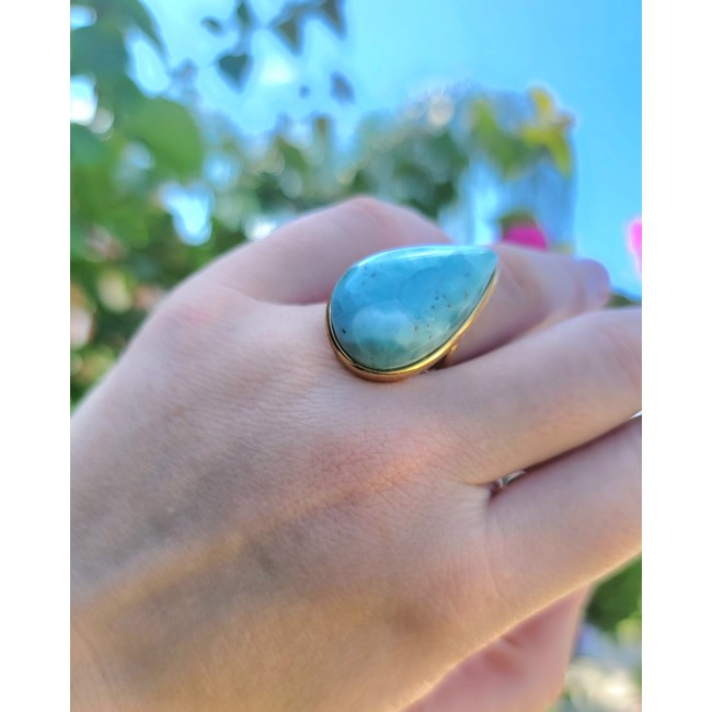 Blue Dream Blue Larimar 18K Gold over .925 Sterling Silver handmade Large Solid ring size 7 1/2 - photo 1
