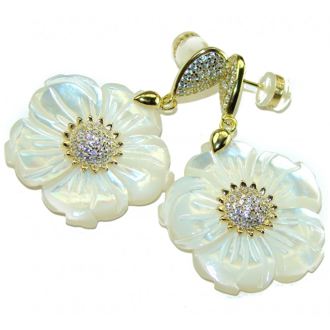 Genuine Blister Pearl lab grown Diamond 18K Gold over .925 Sterling Silver handcrafted Large Statement Earrings - photo 3