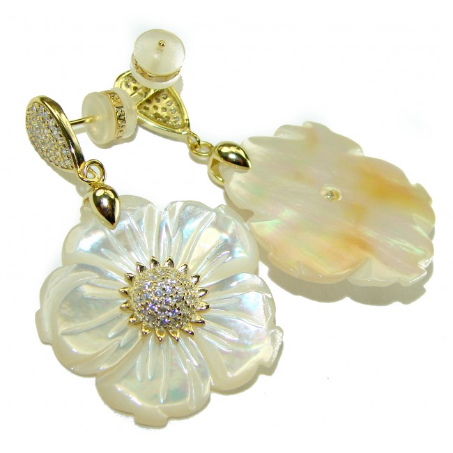 Genuine Blister Pearl lab grown Diamond 18K Gold over .925 Sterling Silver handcrafted Large Statement Earrings - photo 2