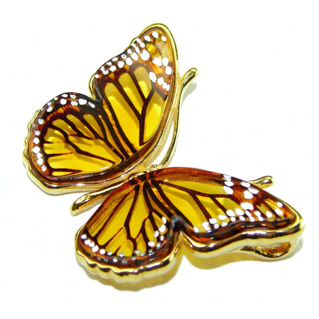 Golden Butterfly Baltic Polish Amber 18K Gold over .925 Sterling Silver handcrafted Pendant / Brooch - photo 2